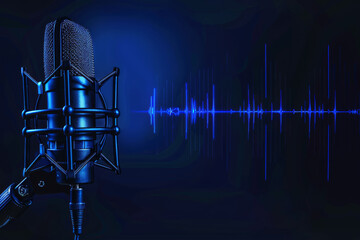 A vintage-style microphone gleams in the spotlight against a backdrop of blue soundwaves, evoking a sense of retro music and timeless radio shows.