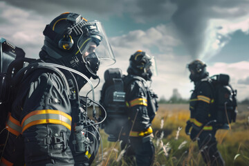 Fototapeta premium Firefighters in black protective gear in an open field, alert and ready for action, with a looming tornado in the background.