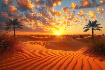 Golden Sunset Over a Desert Landscape with Palm Trees