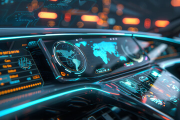 Futuristic car dashboard displaying global maps and data, enveloped in sleek design and advanced technology, emphasizing connectivity and innovation.