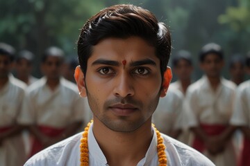 Portrait of a young Indian man with a necklace of yellow flowers