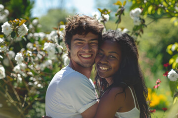 Fototapeta premium A couple embraces lovingly in a blooming garden full of white and purple flowers, capturing the essence of spring and romantic bliss.