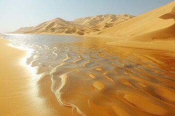 A Serene Oasis of Water Amidst the Vast Golden Dunes of a Desert Landscape
