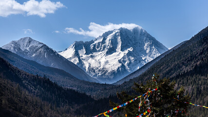 Close-up of Mount Yala, one of the four holy mountains in the Garze Tibetan Autonomous Prefecture, Sichuan China. This Mount Yala view is from the North side from Daofu county.