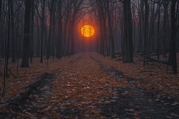 Fototapeta premium A Pathway Through a Dark Forest with a Glowing Sunset Behind the Trees