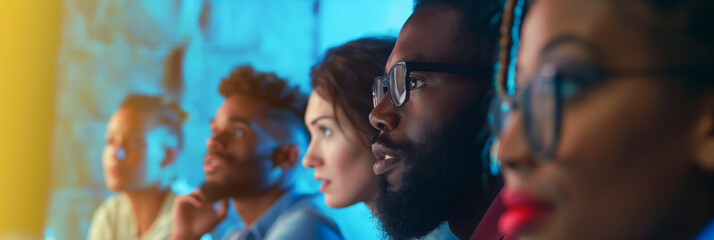 Diverse Group in Modern Office Meeting with Colorful Lighting and Focused Expressions