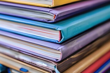 A close-up of a stack of textbooks with subjects like math, science, and history, ready for the new school year