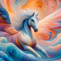 Majestic Pegasus in Whimsical Pastel and Bright Colored Abstract Digital Art with Flowing Clouds and Ethereal Atmosphere