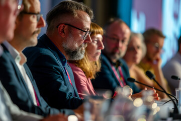 Fototapeta premium Business Conference Panel Discussion with Diverse Professionals Engaged in Thoughtful Conversation