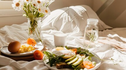 Cozy breakfast setup on a bed with avocado toast, poached egg, fresh salad, daisies in a vase, and a jar of water in soft morning light.