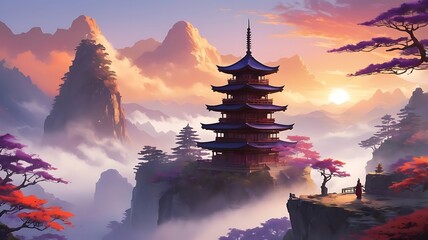 Anime background. Beautiful animation anime cartoon. Japanese temple. Tokyo Tower. Flying bird and beautiful sunset