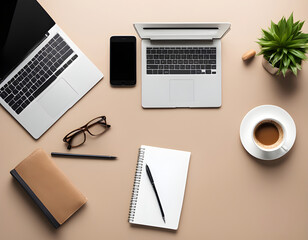 Flat lay of office desk with laptop, smartphone, coffee cup pen and notebook with copy space background.