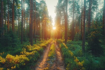 Obraz premium A Sunlit Path Through A Dense Forest