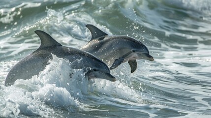 Obraz premium Playful Dolphins Frolicking in the Surf Along the Shoreline