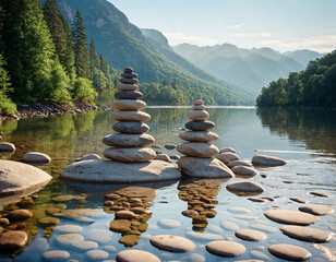 Serene Stone Stacks by a Mountain Lake at Sunrise