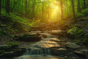 Obraz premium Sunlight Illuminates a Tranquil Forest Stream