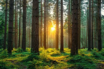 Fototapeta premium Sunlight Illuminates a Lush Forest Floor