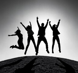 Silhouettes of People Jumping in Joy Against a Scenic Horizon