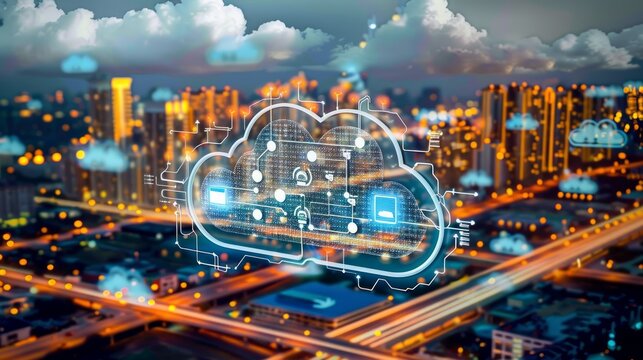 Cloud computing concept. Smart city. Communication network with cloud logistics transportation