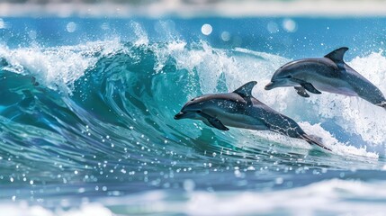 Fototapeta premium Playful Dolphins Frolicking in the Surf by the Shoreline
