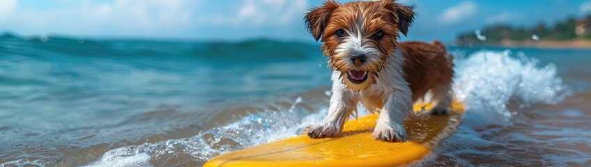 Dog surfing on a wave on the ocean, sea in summer, vacation holidays concept