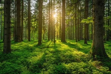 Fototapeta premium Sunbeams Illuminating a Lush Forest Floor