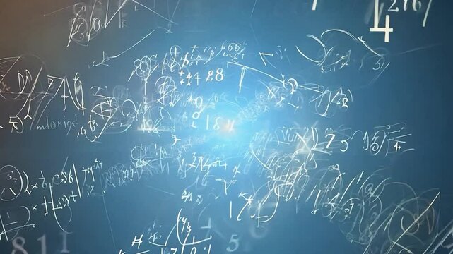 A physics background zooms in on the viewer with different formulas and letters.