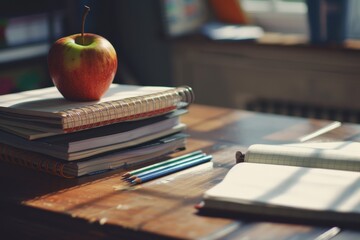 A close-up of a student desk neatly arranged with notebooks, pencils, and an apple on top. 