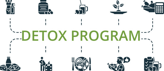 Detox Program icon set. Monochrome simple Detox Program icon collection. Slim Body, Immunity, Meal Plan, Dietary Product, Calories, Dairy Products, Odesity, Balanced Diet, Psychology, Detox Diet icons