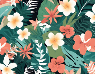 Hand-Drawn Green Tropical Forest Botanical Background Monstera Leaves, Palm Leaf, Branches in Abstract Foliage Pattern for Banners
