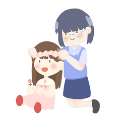 a girl is making a flower crown for her younger sister