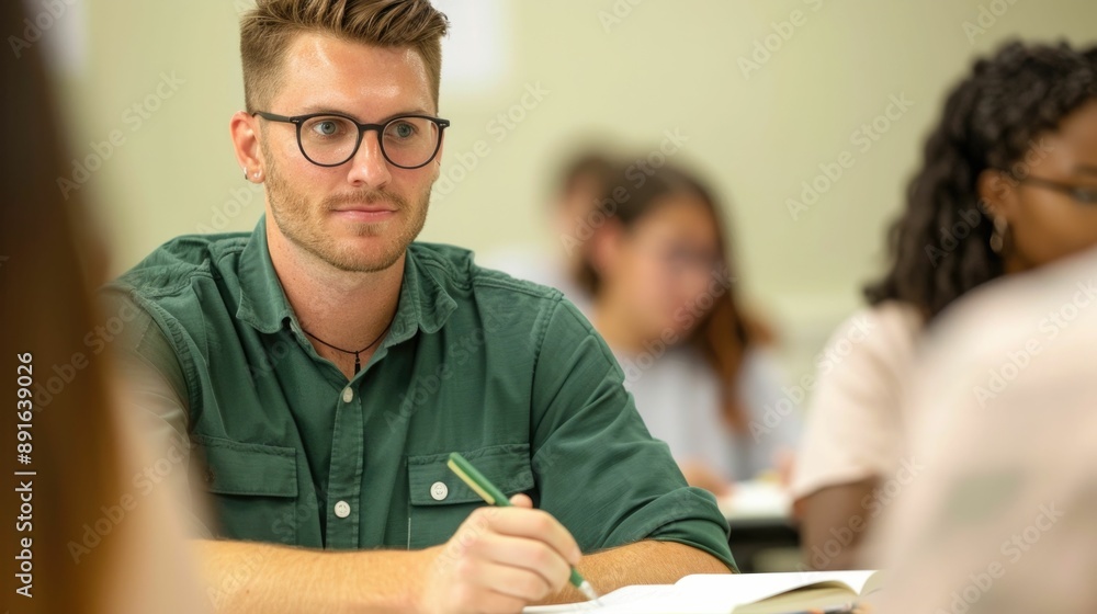 Poster experienced instructor guiding focused high school students through a challenging calculus problem p