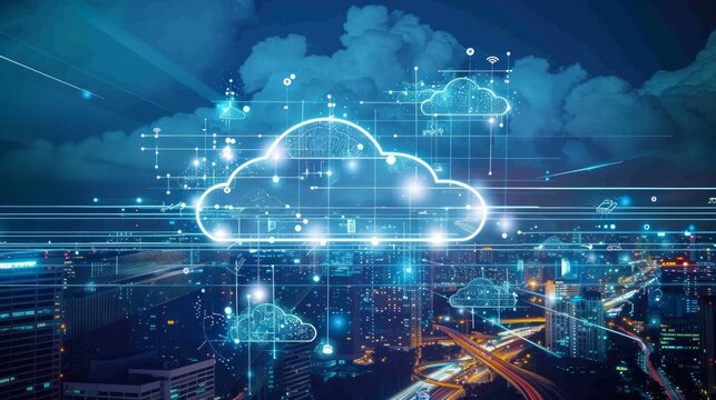 Cloud computing concept. Smart city. Communication network with cloud logistics transportation