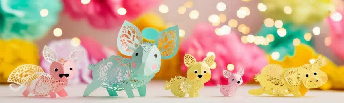 Paper art origami animals in soft pastel colors with soft bokeh lights background. Origami handmade. diy. Copy space template web banner