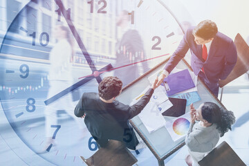 Business race against times deal project agreement concept. Businessman hand shaking overlay with...