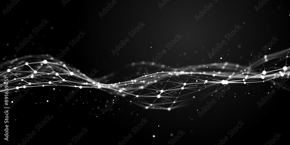 Poster the flow of particles in a dynamic wave. data visualization. abstract dark background. 3d rendering.