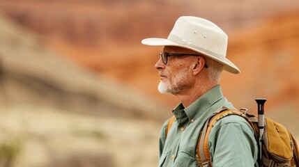 Obraz premium Experienced senior professor guiding a field study expedition in a rugged remote wilderness landscape