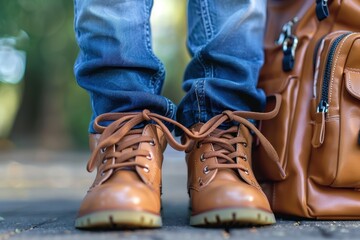 A close-up of a student first day of school outfit, including new shoes, a backpack, and school uniform. 