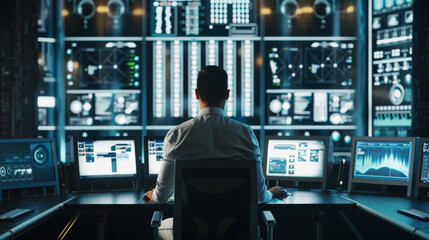 An individual sits in a futuristic command center surrounded by an array of glowing monitors, representing technological control and oversight.