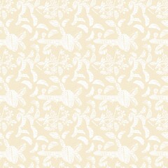 Modern white on cream lace effect wedding background texture. Soft tonal linen openwork block print with subtle hand drawn lattice damask printed fabric backdrop. 
