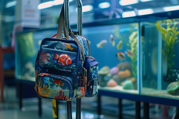 A school bag with an underwater ocean theme, hanging from a classroom aquarium stand