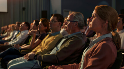 A focused audience sitting attentively in a dimly lit room, engrossed in a presentation or performance.