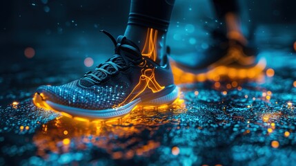 Glowing Sneakers on Wet Surface with Reflections and Lights at Night