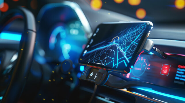 A close-up of a futuristic car dashboard with a smartphone displaying advanced navigation, emphasizing high-tech integration and sleek design aesthetics.