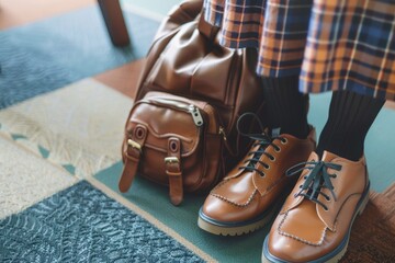 A close-up of a student first day of school outfit, including new shoes, a backpack, and school uniform. 