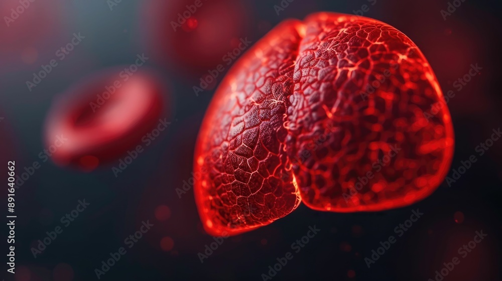Poster intricate liver cell graphic with vibrant red hues a digitally image showcasing the complex structur
