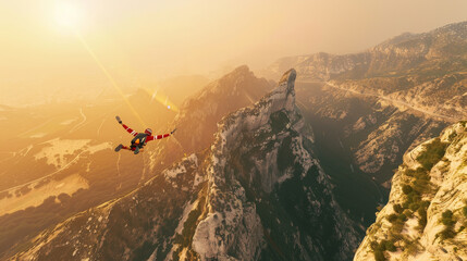 Obraz premium Against an amber sunset backdrop, a skydiver emerges from the peaks of a majestic mountain range, epitomizing bravery and thrill in nature's grandeur.