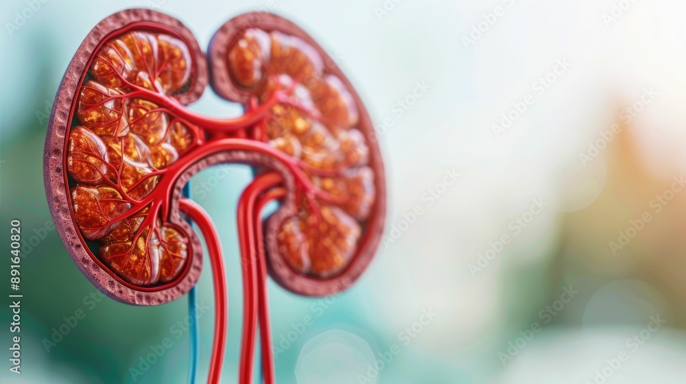 Poster highly detailed and magnified diagram of the internal structure of a kidney showcasing the intricate