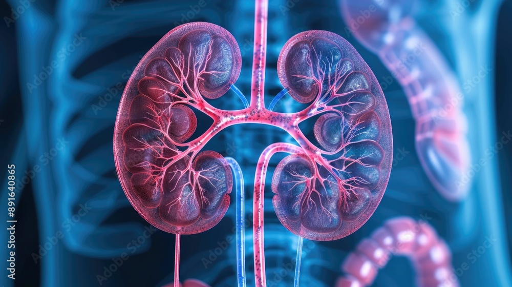 Poster close up detailed kidney structure diagram displaying the intricate nephrons and the filtering proce