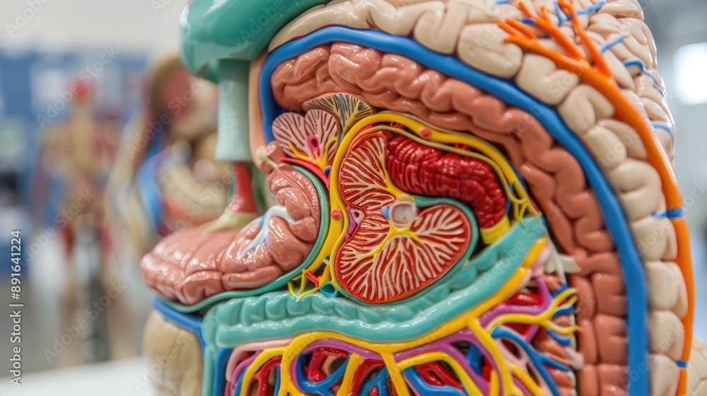 Poster detailed anatomical model of stomach displaying gastric lining and sphincters in a deep depth of fie